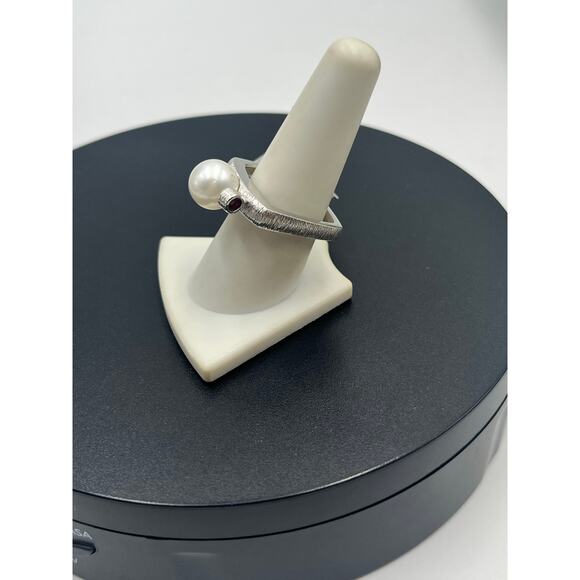 Michelle Albala 10mm Round Pearl Rhodium Sterling Ruby Cabochon Ring New Sz 9 - Picture 4 of 14